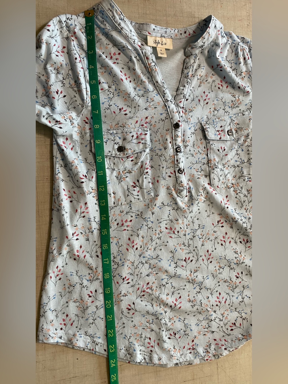 Style & Co. Light Blue Floral Henley Top with Pink Accents - Picture 11 of 12
